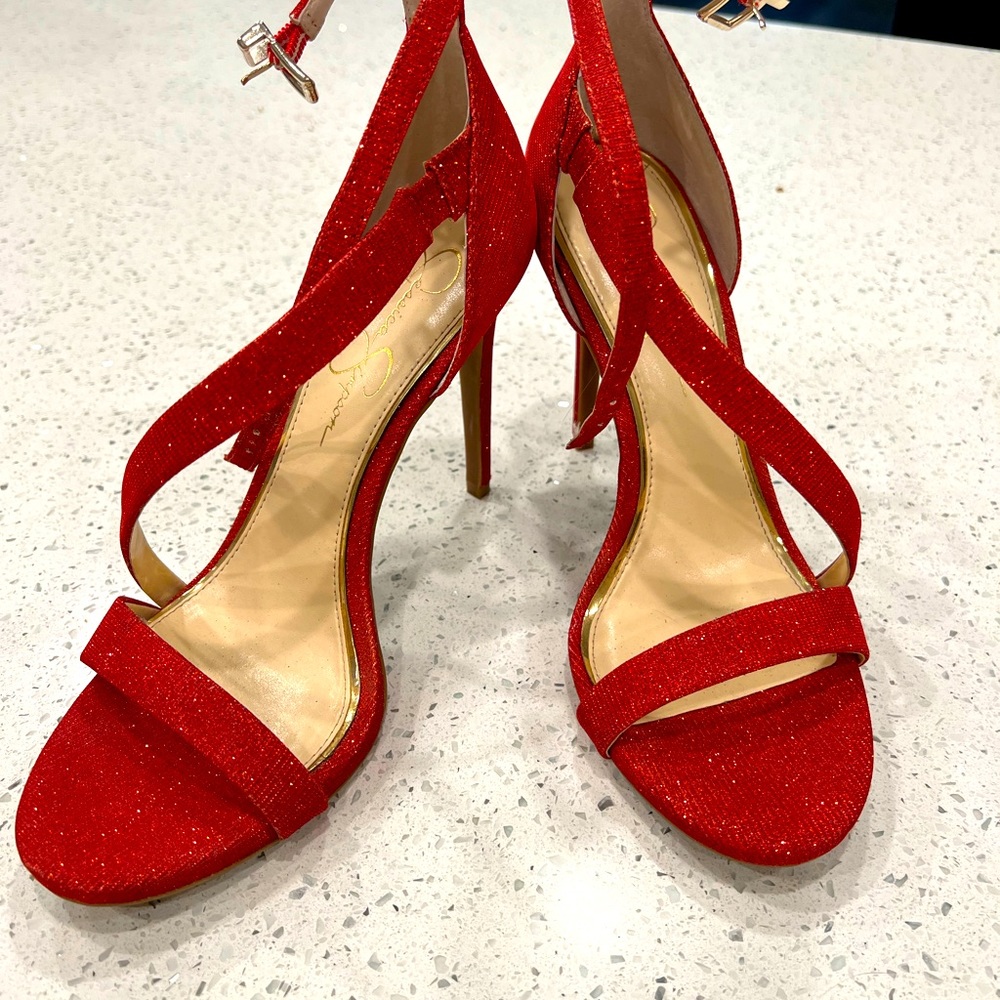 Red with gold sparkle Jessica Simpson heels